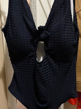 Textured Navy One-Piece Swimsuit with Front Tie